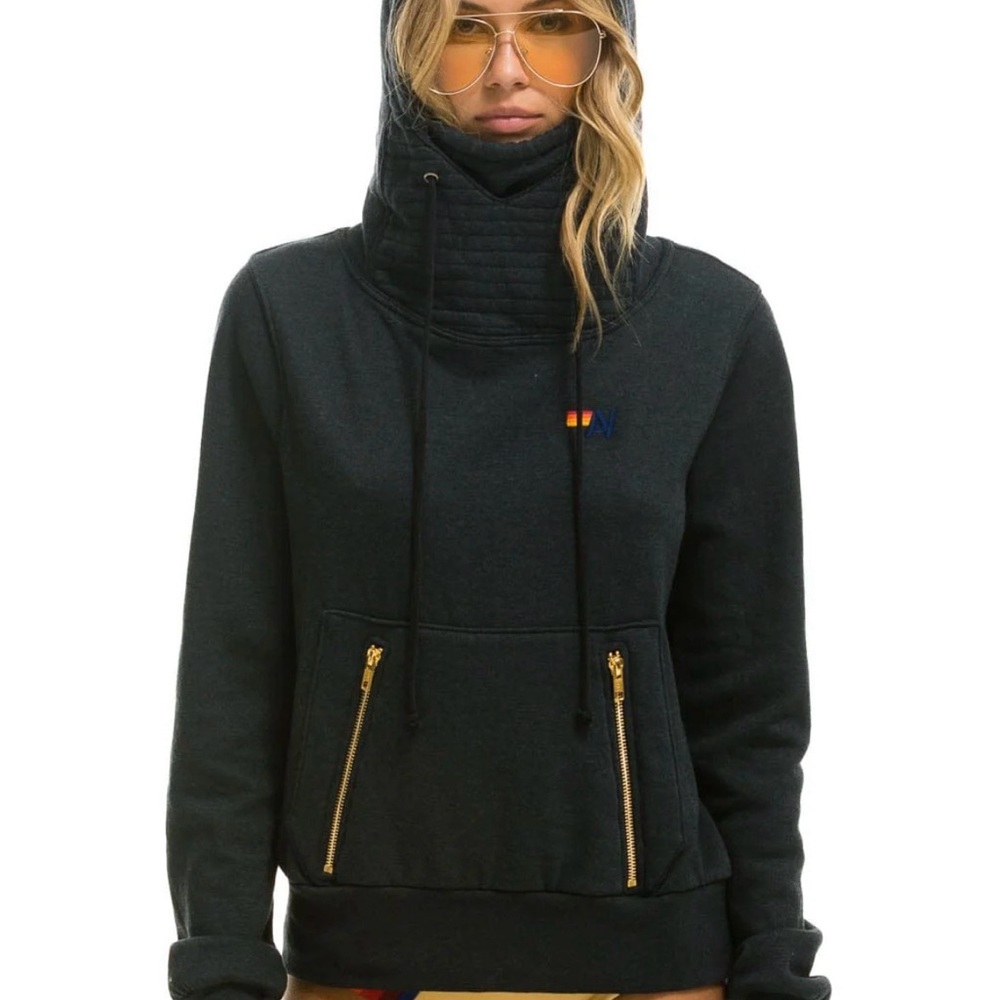 Aviator Nation Black Pullover Hoodie with Gold Zippers and Small Rainbow Logo